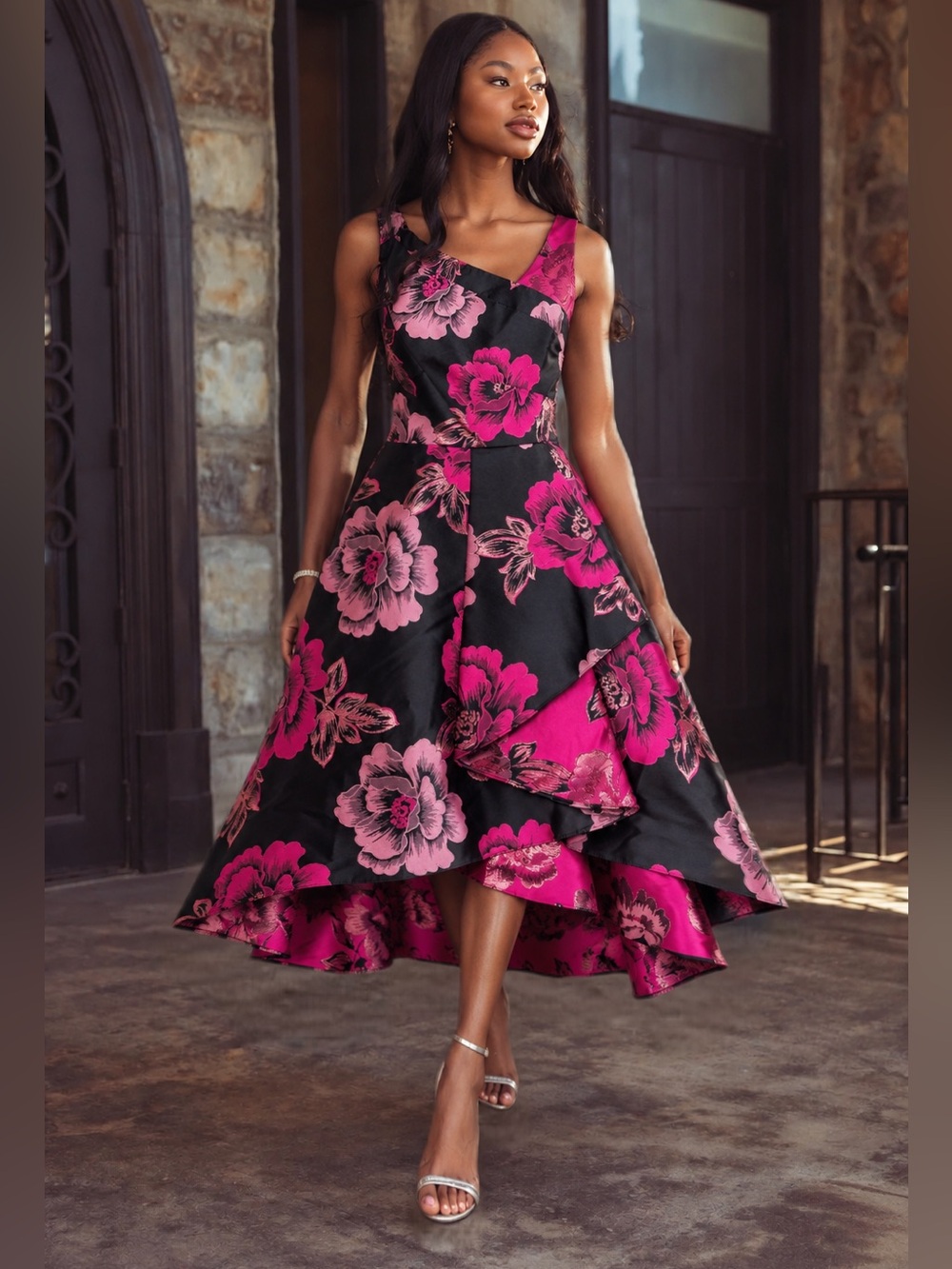 Adrianna Papell | Dresses | Nwt Adrianna Papell Floral Jacquard Hi Lo Asymmetrical Hem Dress